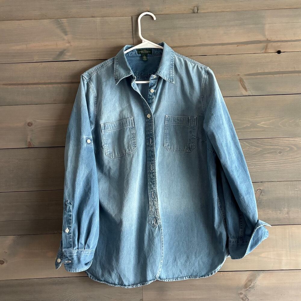 LRL RALPH LAUREN | Polka Dot Denim Button Down Long Sleeve Top Sz L